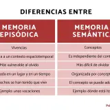 Tabla comparativa de memoria episódica (vivencias, ligada a contexto, vulnerable) y memoria semántica (conceptos, independiente, duradera).