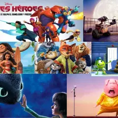 Collage de películas infantiles con valores: "Grandes Héroes", "Moana", "Zootopia", "WALL-E", "Monsters, Inc." y "Sing".