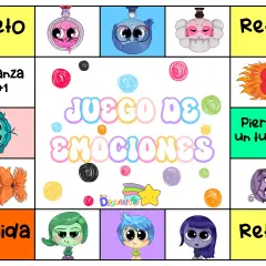 Tablero de juegos de las emociones para niños con personajes coloridos y casillas de "Reto", "Avanza +1", "Pierde un turno" y "Salida".