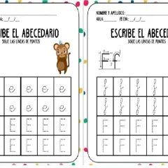 Fichas para aprender a escribir el abecedario, con letras E y F punteadas para trazar. Un mono y un narval animan el ejercicio.
