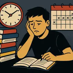 Estudiante agobiado, preguntándose cuantas horas hay que estudiar para un examen. Libros, reloj y calendario marcan la presión.