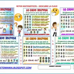 Retos matemáticos para resolver acertijos. Cada panel presenta un candado y pistas numéricas para descifrar la clave secreta.