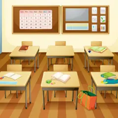 Aula vacía con pupitres, libros y un calendario, lista para un estudio cognitivo.