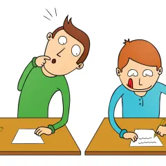 Dos estudiantes en pupitres. Uno, con expresión de sorpresa, se toca la barbilla, pensando cómo memorizar para un examen. El otro, concentrado, escribe.