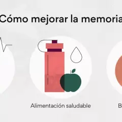 Tres círculos ilustran cómo mejorar la memoria: ejercicio con pesa, alimentación saludable con botella y manzana, y buen descanso con luna y estrellas.