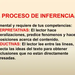 El proceso de inferencia es mental. Se divide en interpretativas (generalizaciones, predicciones) y deductivas (leer entre líneas para hacer inferencias).