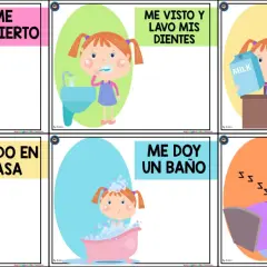 Niña en cama, lavándose dientes, desayunando, ayudando en casa, bañándose y durmiendo. Ilustra rutinas de aprendizaje diarias.