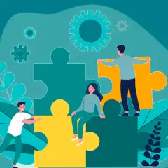 Personas trabajando juntas para armar un rompecabezas gigante, simbolizando el aprendizaje cooperativo y la colaboración.