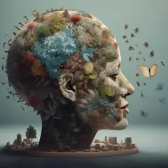 Cabeza humana cubierta de vegetación y flores, con mariposas revoloteando. Un paisaje urbano en miniatura se asienta en la base, evocando la **memoria eidética** de un mundo natural.