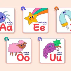 Tarjetas del abecedario: araña (Aa), estrella (Ee), imán (Ii), oveja (Oo), uvas (Uu). Aprender que es la fonética con estas divertidas imágenes.