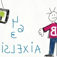 Un dibujo infantil muestra un cuadro con una casa y un árbol, letras desordenadas y un niño con una "B" en su camiseta, como si lo viera un disléxico.
