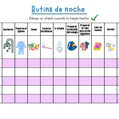 Pictograma para niños: tabla de rutina nocturna con iconos para ducharse, pijama, cenar, dientes, baño, mochila, ropa, cuento y dormir.