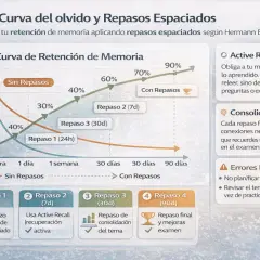 Gráfico de la curva del olvido y repasos espaciados. Muestra cómo la retención de memoria disminuye sin repasos, pero mejora con la **curva del olvido repasos** espaciados.