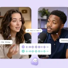 Dos personas conversan frente a micrófonos, creando un podcast para estudiar. Se ven ondas sonoras y burbujas de diálogo.