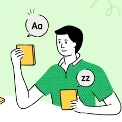 Un hombre aprende fonética y CAA. Un pictograma de "gracias" aparece en su mente.