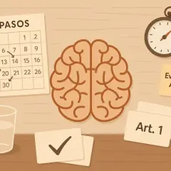 Cerebro, calendario de repasos y cronómetro ilustran la memoria asociativa, con ejemplos como "Evocación Activa" y "Art. 1".