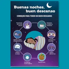 Ilustración que resalta la importancia del descanso con consejos como limitar pantallas, hacer ejercicio y comer liviano.