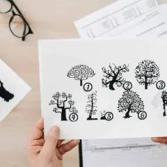 Manos sostienen una hoja con siete árboles numerados, parte de pruebas cognitivas. Al lado, un test de Rorschach de lobo y gafas.