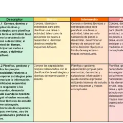Tabla de competencias clave "Aprender a aprender" con descripciones de técnicas y estrategias, incluyendo estrategias metacognitivas.