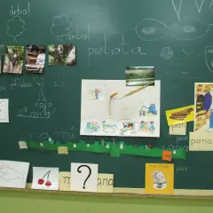 Pizarra con dibujos y fotos sobre "árbol", "pelota", "panadero" y más. Un apoyo visual educativo para niños.