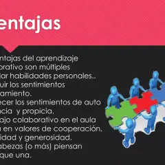 Figuras azules arman un rompecabezas, ilustrando las ventajas del aprendizaje cooperativo: estimula habilidades, reduce aislamiento y fomenta valores.