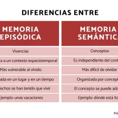 Tabla comparativa de memoria episódica (vivencias, ligada a contexto, vulnerable) y memoria semántica (conceptos, independiente, duradera).