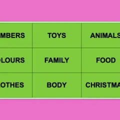 Tabla con categorías para juegos interactivos en inglés: Numbers, Toys, Animals, Colours, Family, Food, Clothes, Body, Christmas.