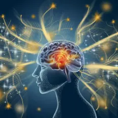 Silueta de cabeza humana con cerebro brillante y conexiones neuronales doradas, explorando curiosidades del cerebro.