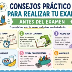 Consejos prácticos: qué hacer antes de un examen. Organiza tu tiempo, repasa, duerme bien, come saludable, prepara tus materiales y confía en ti.