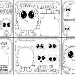 Páginas de un libro para colorear sobre la importancia de trabajar las emociones en infantil, con monstruos y niños expresando sentimientos.