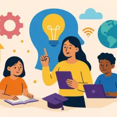Ilustración de niños aprendiendo con una maestra, destacando la bombilla de ideas, el engranaje y el globo terráqueo como factores que influyen en el aprendizaje.