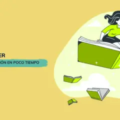Ilustración de una mujer volando sobre un libro abierto, rodeada de otros libros pequeños. El texto dice "Cómo retener mucha información en poco tiempo".