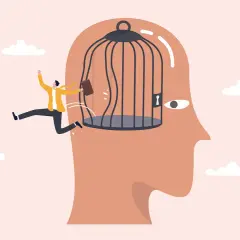 Hombre escapa de una jaula dentro de una cabeza, simbolizando la superación de una mente bloqueada.