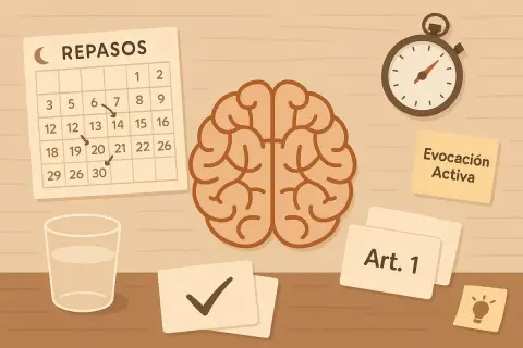 Cerebro, calendario de repasos y cronómetro ilustran la memoria asociativa, con ejemplos como "Evocación Activa" y "Art. 1".