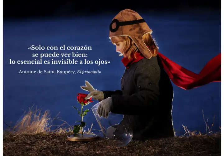 Niña con gorro de aviador y bufanda roja cuida una rosa, evocando palabras con sentimiento de "El Principito".