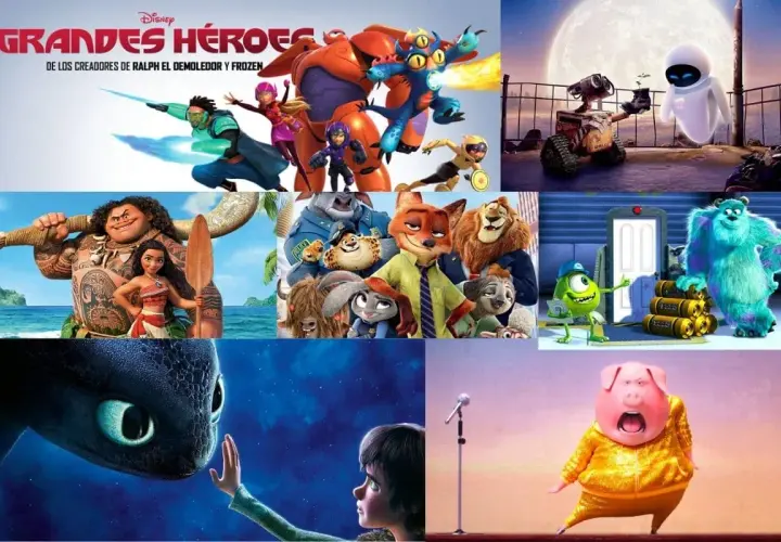 Collage de películas infantiles con valores: "Grandes Héroes", "Moana", "Zootopia", "WALL-E", "Monsters, Inc." y "Sing".