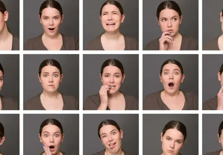 Serie de expresiones faciales de una mujer, mostrando diferentes emociones. Un ejemplo del **método ruler** para la interpretación.