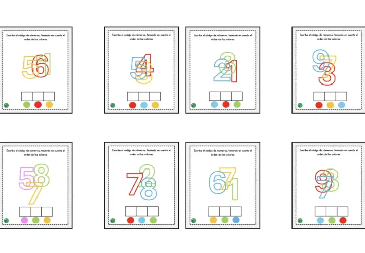 Tarjetas educativas con números superpuestos de colores para descifrar códigos. Curiosidades de los números para aprender jugando.