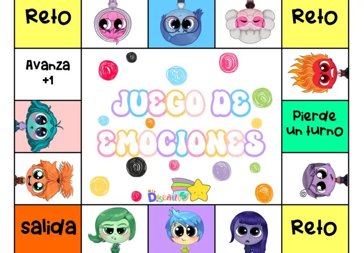 Tablero de juegos de las emociones para niños con personajes coloridos y casillas de "Reto", "Avanza +1", "Pierde un turno" y "Salida".