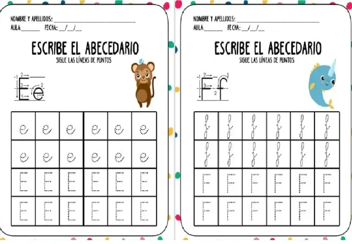Fichas para aprender a escribir el abecedario, con letras E y F punteadas para trazar. Un mono y un narval animan el ejercicio.