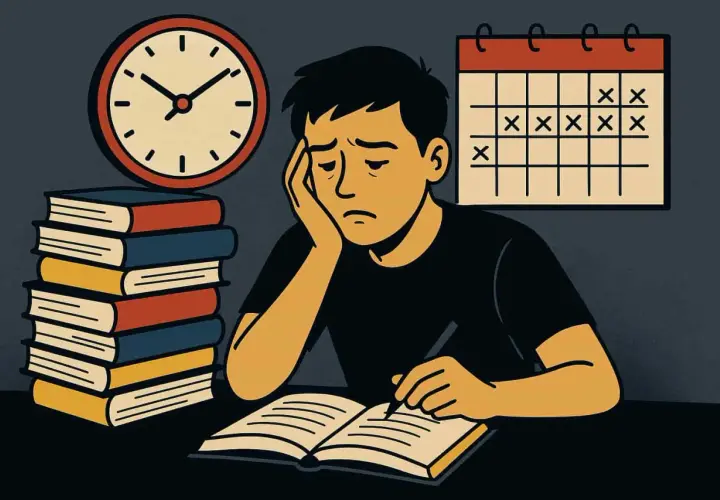 Estudiante agobiado, preguntándose cuantas horas hay que estudiar para un examen. Libros, reloj y calendario marcan la presión.