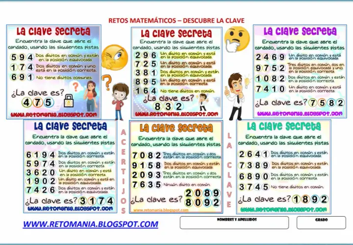 Retos matemáticos para resolver acertijos. Cada panel presenta un candado y pistas numéricas para descifrar la clave secreta.