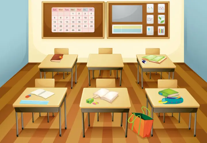 Aula vacía con pupitres, libros y un calendario, lista para un estudio cognitivo.
