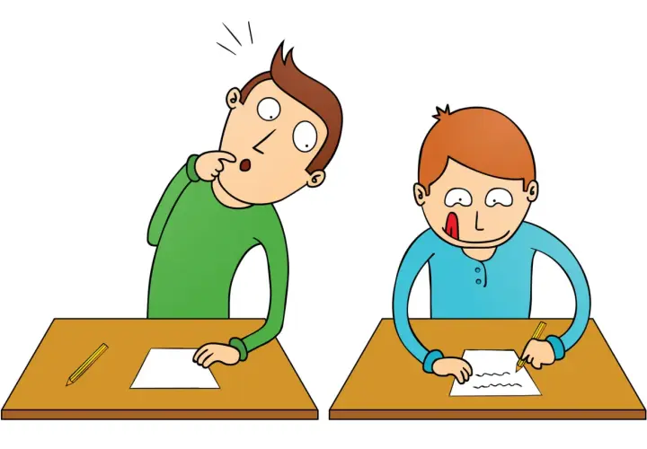 Dos estudiantes en pupitres. Uno, con expresión de sorpresa, se toca la barbilla, pensando cómo memorizar para un examen. El otro, concentrado, escribe.