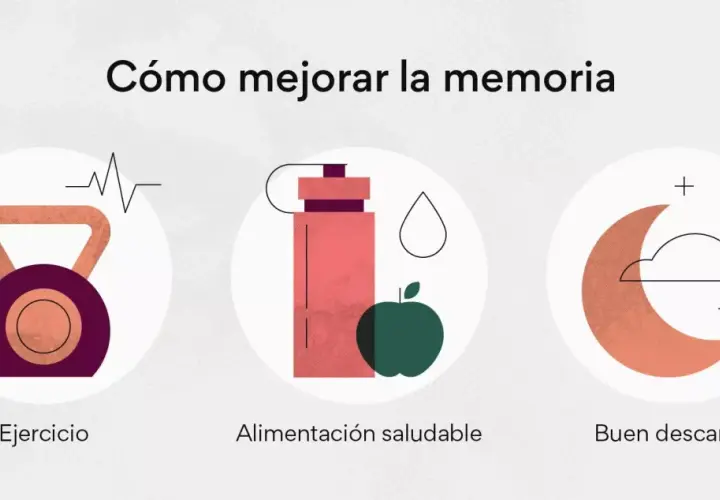 Tres círculos ilustran cómo mejorar la memoria: ejercicio con pesa, alimentación saludable con botella y manzana, y buen descanso con luna y estrellas.