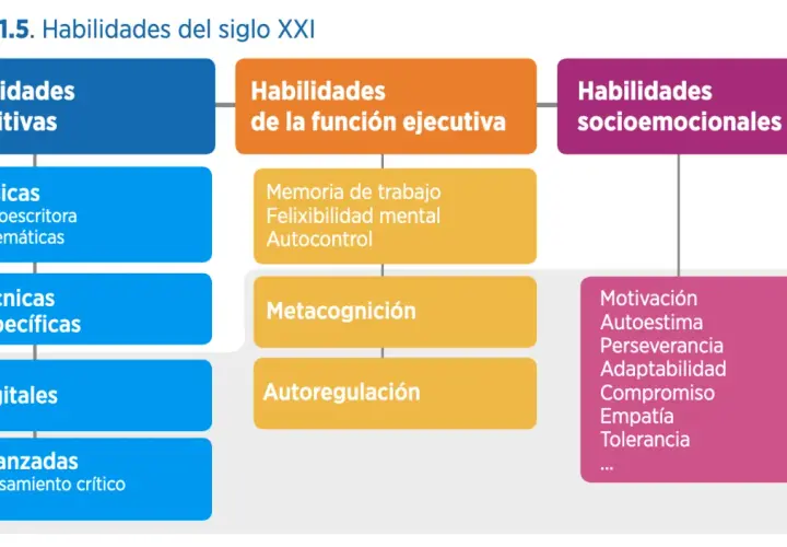 Diagrama de habilidades del siglo XXI: cognitivas (básicas, técnicas, digitales, avanzadas), de función ejecutiva (memoria, flexibilidad, autocontrol, metacognición, autorregulación) y socioemocionales (motivación, autoestima, etc.).