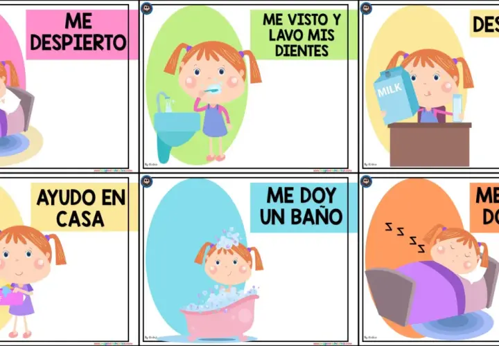 Niña en cama, lavándose dientes, desayunando, ayudando en casa, bañándose y durmiendo. Ilustra rutinas de aprendizaje diarias.