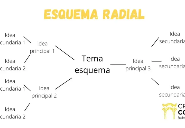 Diagrama de esquema radial con un tema central y varias ideas principales y secundarias conectadas.