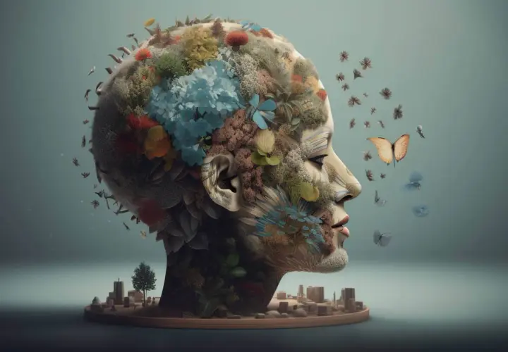 Cabeza humana cubierta de vegetación y flores, con mariposas revoloteando. Un paisaje urbano en miniatura se asienta en la base, evocando la **memoria eidética** de un mundo natural.