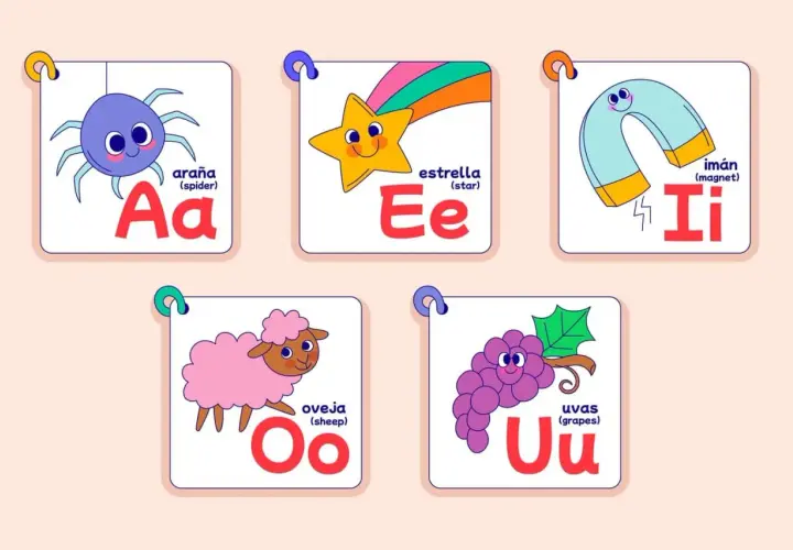 Tarjetas del abecedario: araña (Aa), estrella (Ee), imán (Ii), oveja (Oo), uvas (Uu). Aprender que es la fonética con estas divertidas imágenes.